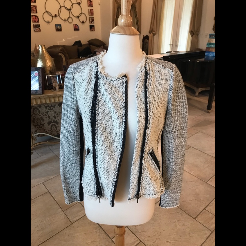 NWT Rebecca Taylor Tweed Moto Zipper Jacket Edgy Sz 0 Black White Peplum Back